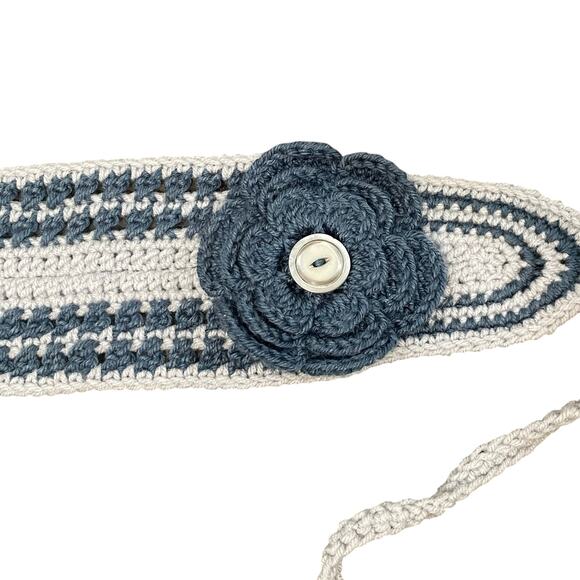 Handmade Crochet Headband Light & Medium Blue Adjustable Removeable Flower OS - Picture 6 of 9
